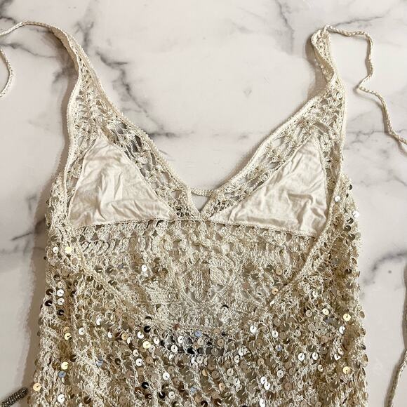 RETROFETE Sequined Crochet Bodysuit Beige Gold Tie Lined Sheer Knit S like new - Picture 5 of 7